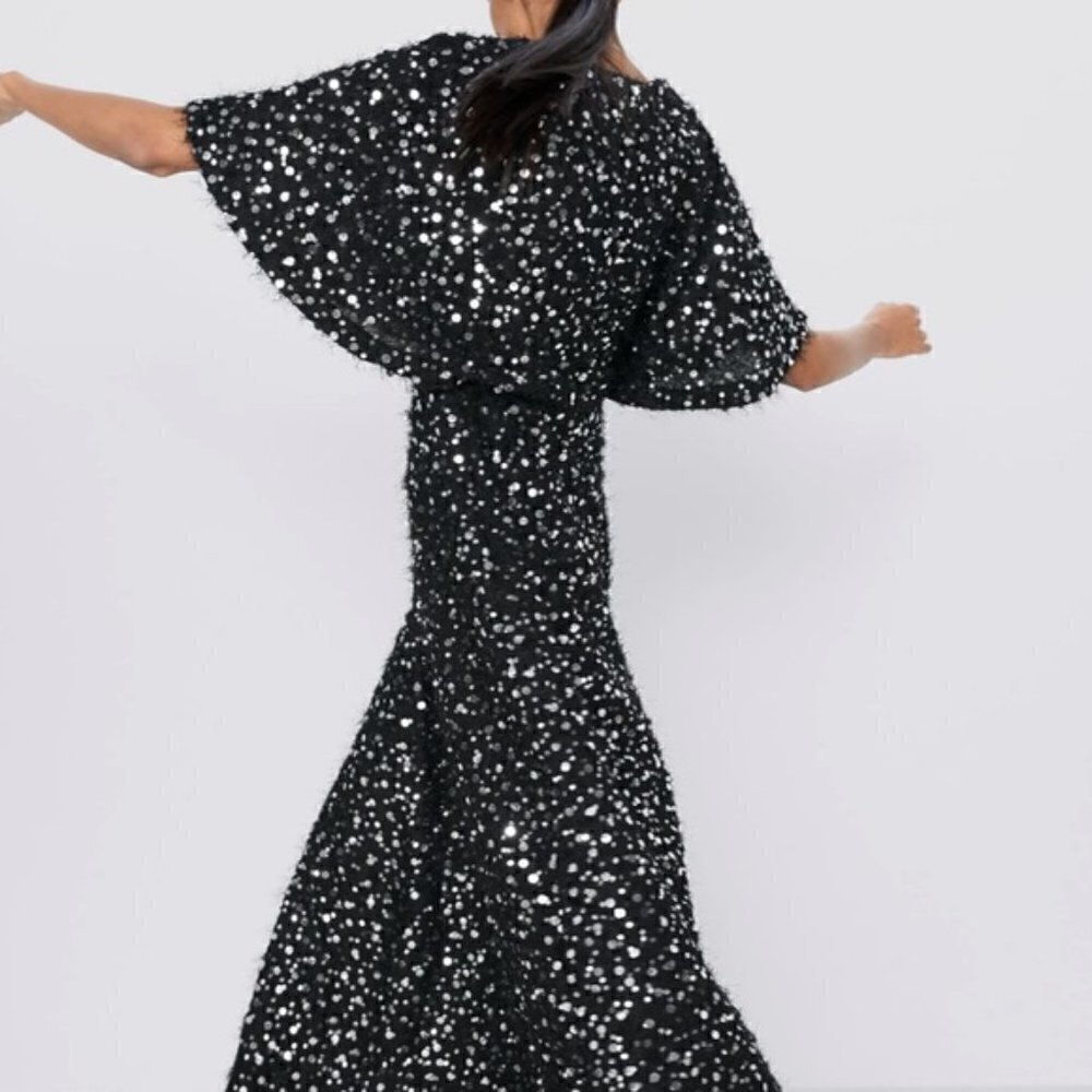 NWT ZARA Limited Edition Silver Sequin & Pearls HOLIDAY Maxi SMALL Dress FALL - Picture 11 of 13